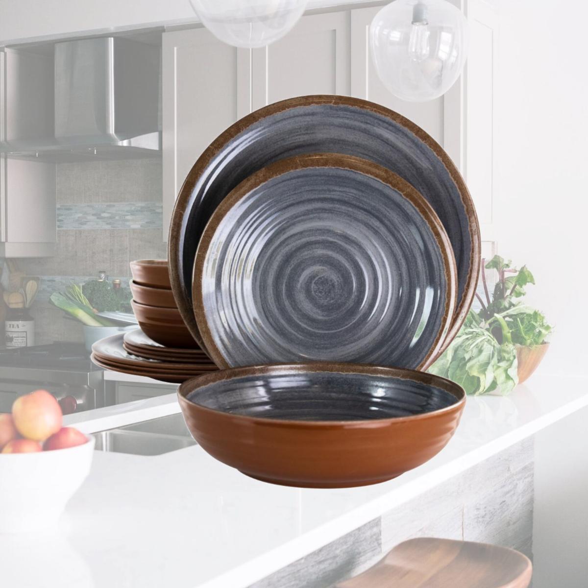 Picture of Elama EL-STONEOAK 12 Piece Stone Oak Lightweight Melamine Dinnerware Set, Black