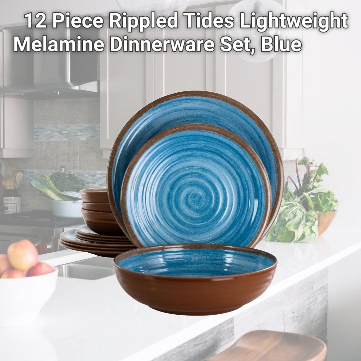 Picture of Elama EL-RIPPLEDTIDES 12 Piece Rippled Tides Lightweight Melamine Dinnerware Set, Blue