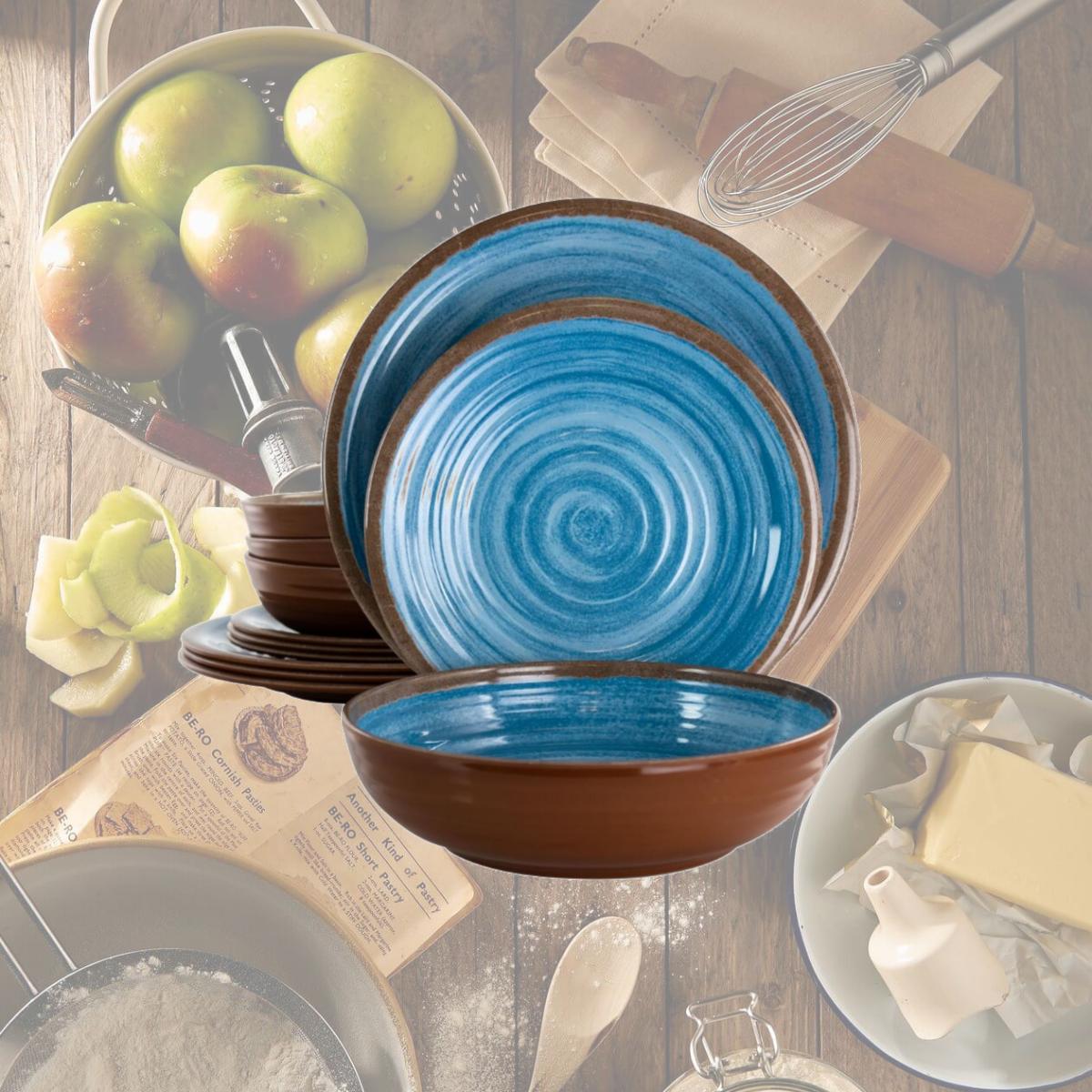 Picture of Elama EL-RIPPLEDTIDES 12 Piece Rippled Tides Lightweight Melamine Dinnerware Set, Blue