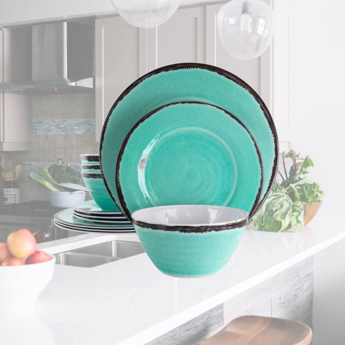 Picture of Elama EL-AZULBANQUET 12 Piece Azul Banquet Lightweight Melamine Dinnerware Set, Turquoise