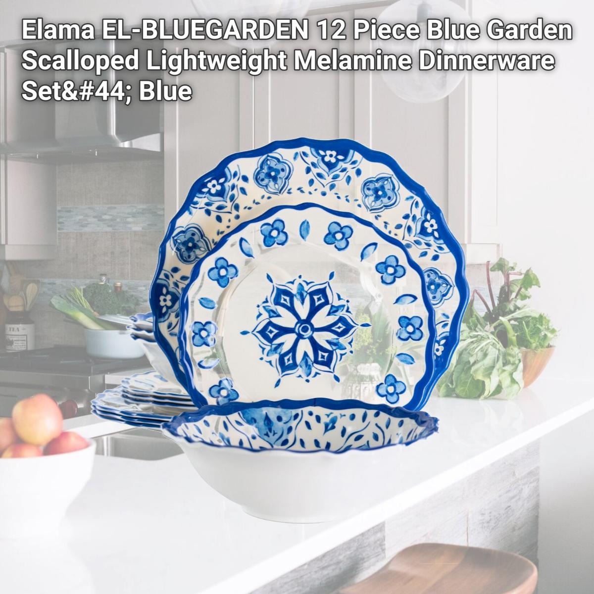 Picture of Elama EL-BLUEGARDEN 12 Piece Blue Garden Scalloped Lightweight Melamine Dinnerware Set, Blue