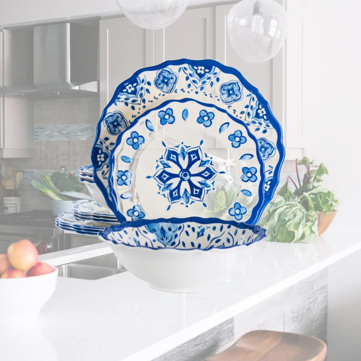Picture of Elama EL-BLUEGARDEN 12 Piece Blue Garden Scalloped Lightweight Melamine Dinnerware Set, Blue