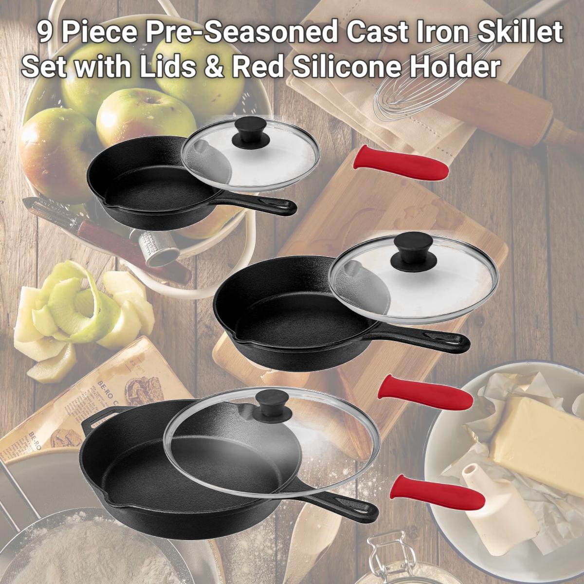 Picture of Megachef MCCI-335 9 Piece Pre-Seasoned Cast Iron Skillet Set with Lids & Red Silicone Holder