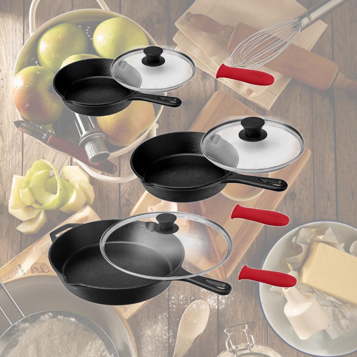 Picture of Megachef MCCI-335 9 Piece Pre-Seasoned Cast Iron Skillet Set with Lids & Red Silicone Holder