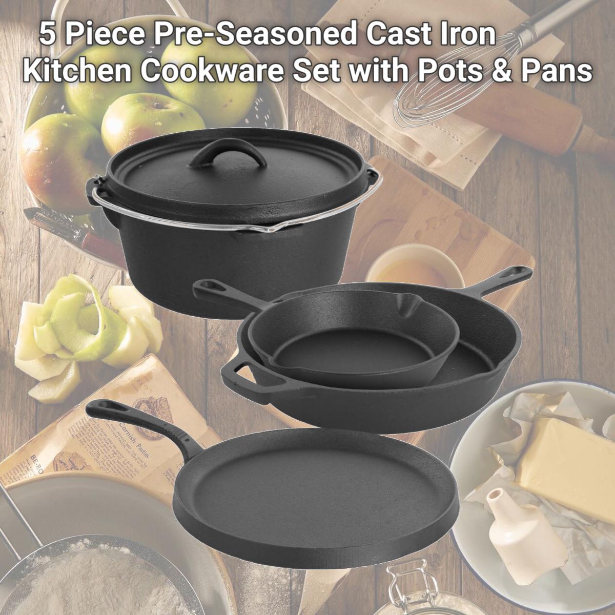 Picture of Megachef MCCI-440 5 Piece Pre-Seasoned Cast Iron Kitchen Cookware Set with Pots & Pans