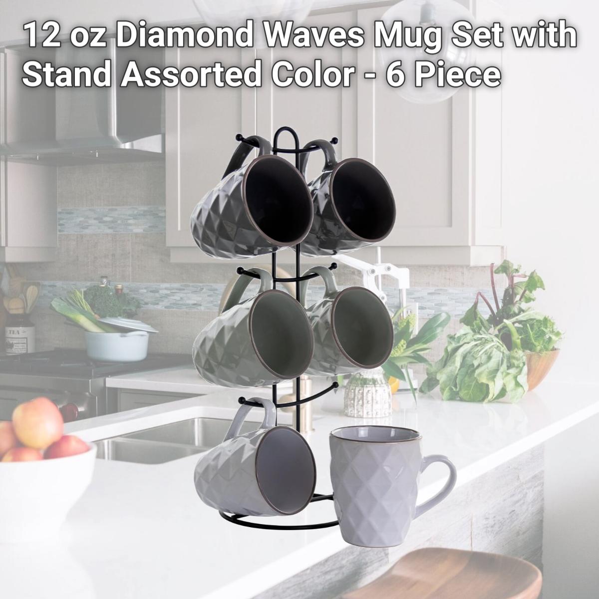 Picture of Elama EL-DIAMONDWAVES 12 oz Diamond Waves Mug Set with Stand, Assorted Color - 6 Piece