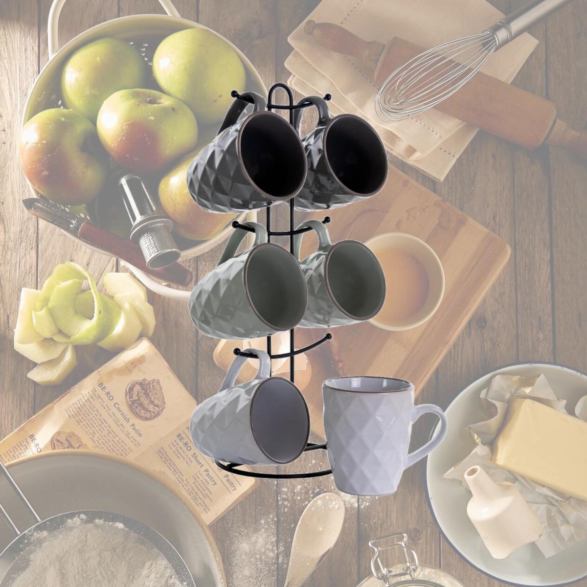 Picture of Elama EL-DIAMONDWAVES 12 oz Diamond Waves Mug Set with Stand, Assorted Color - 6 Piece