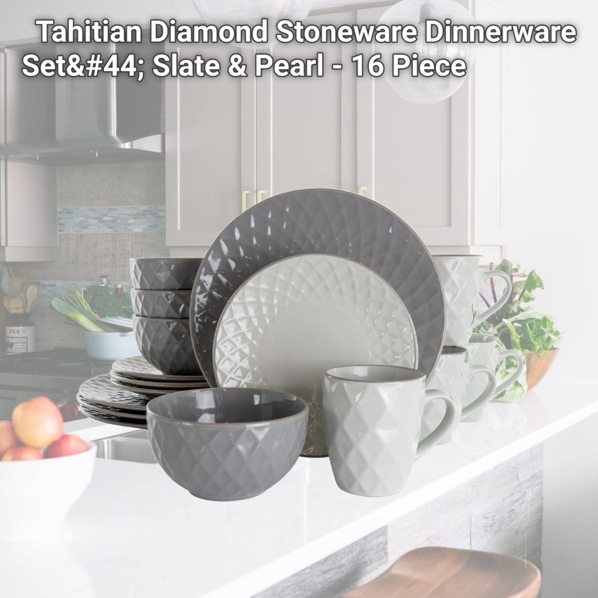Picture of Elama EL-TAHITIANDIAMOND Tahitian Diamond Stoneware Dinnerware Set, Slate & Pearl - 16 Piece