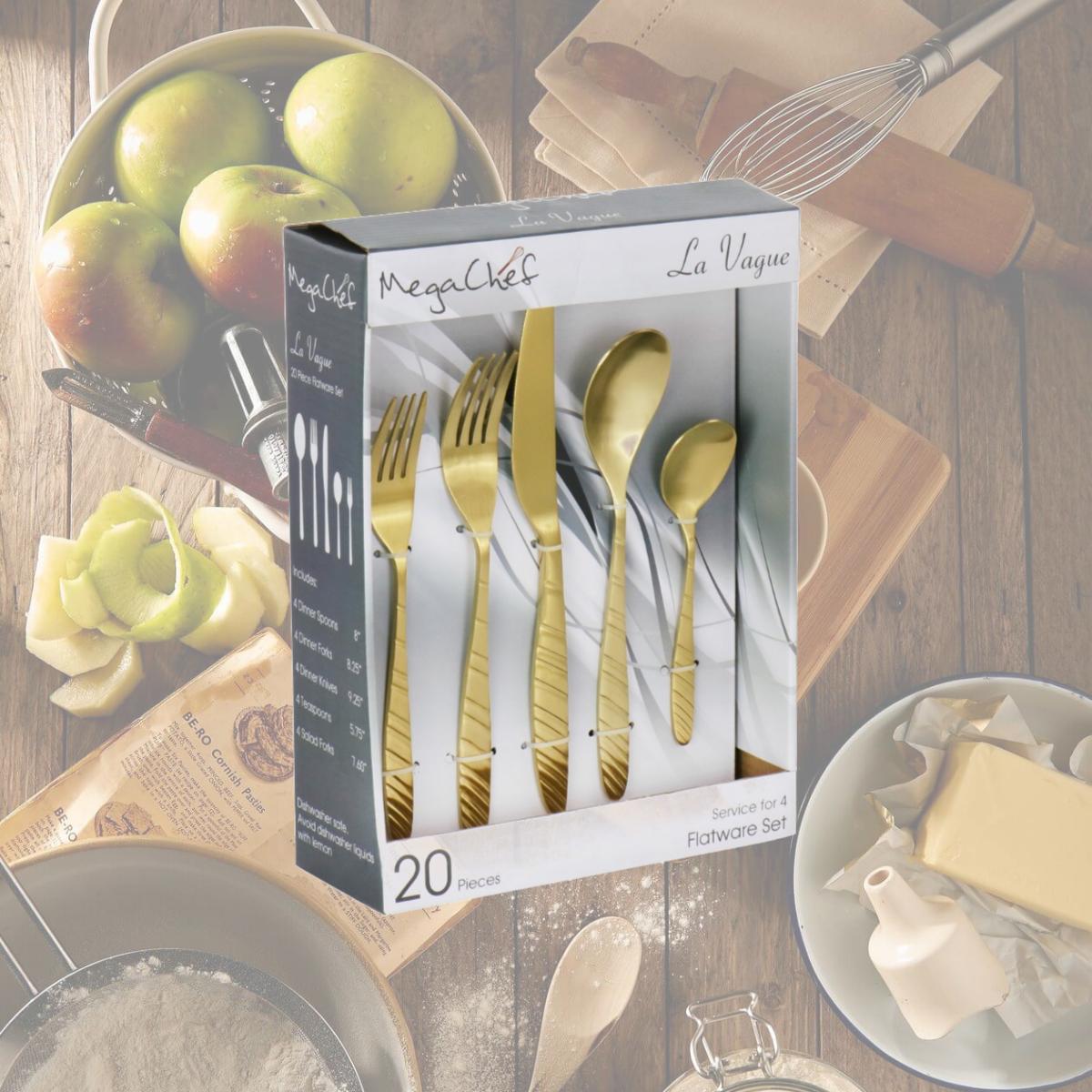 Picture of MegaChef MCFW-LA VAGUE-MATTEGOLD 4 in. Stainless Steel Silverware Metal Service Vague Flatware Utensil Set, Matte Gold - 20 Piece