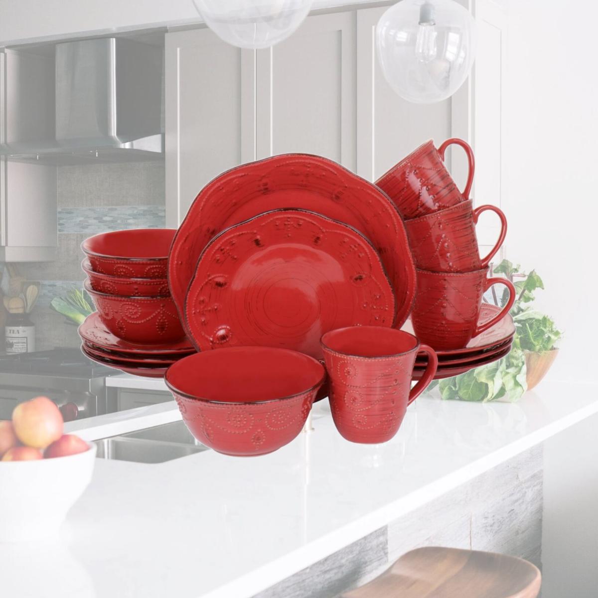 Picture of Elama EL-RUSTICBIRCHRED Rustic Birch Stoneware Dinnerware Set, Red - 16 Piece