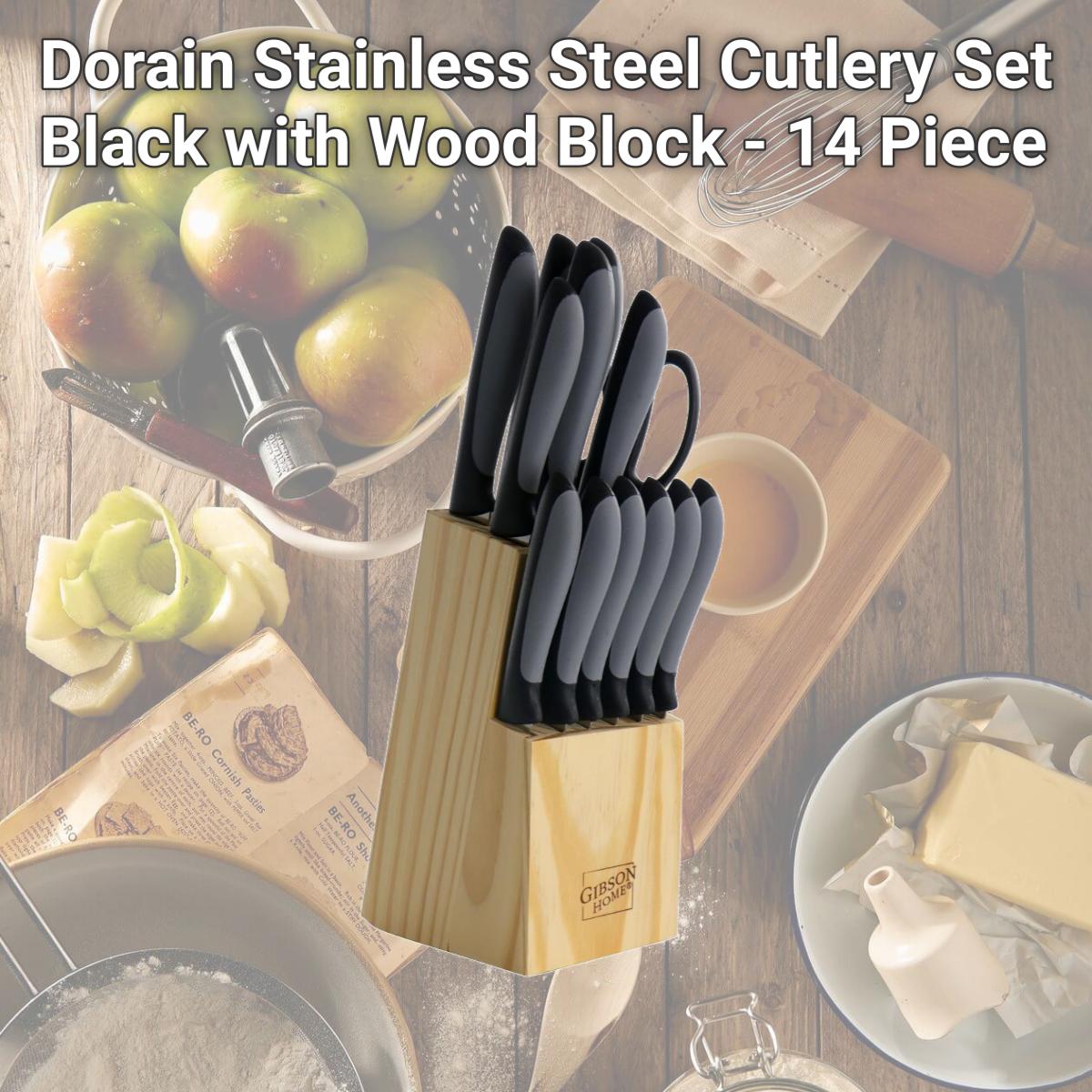 Picture of Gibson Home 127769.14 Dorain Stainless Steel Cutlery Set, Black with Wood Block - 14 Piece