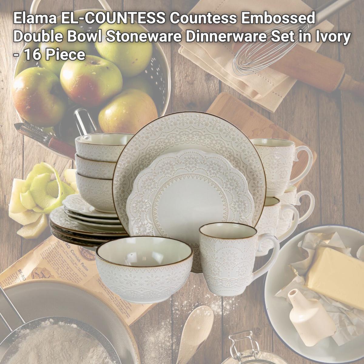 Picture of Elama EL-COUNTESS Countess Embossed Double Bowl Stoneware Dinnerware Set in Ivory - 16 Piece