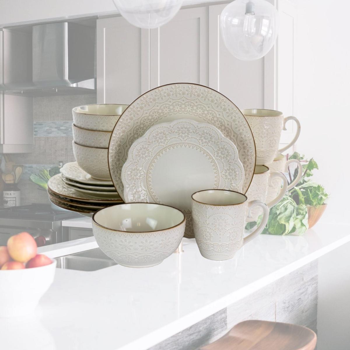 Picture of Elama EL-COUNTESS Countess Embossed Double Bowl Stoneware Dinnerware Set in Ivory - 16 Piece