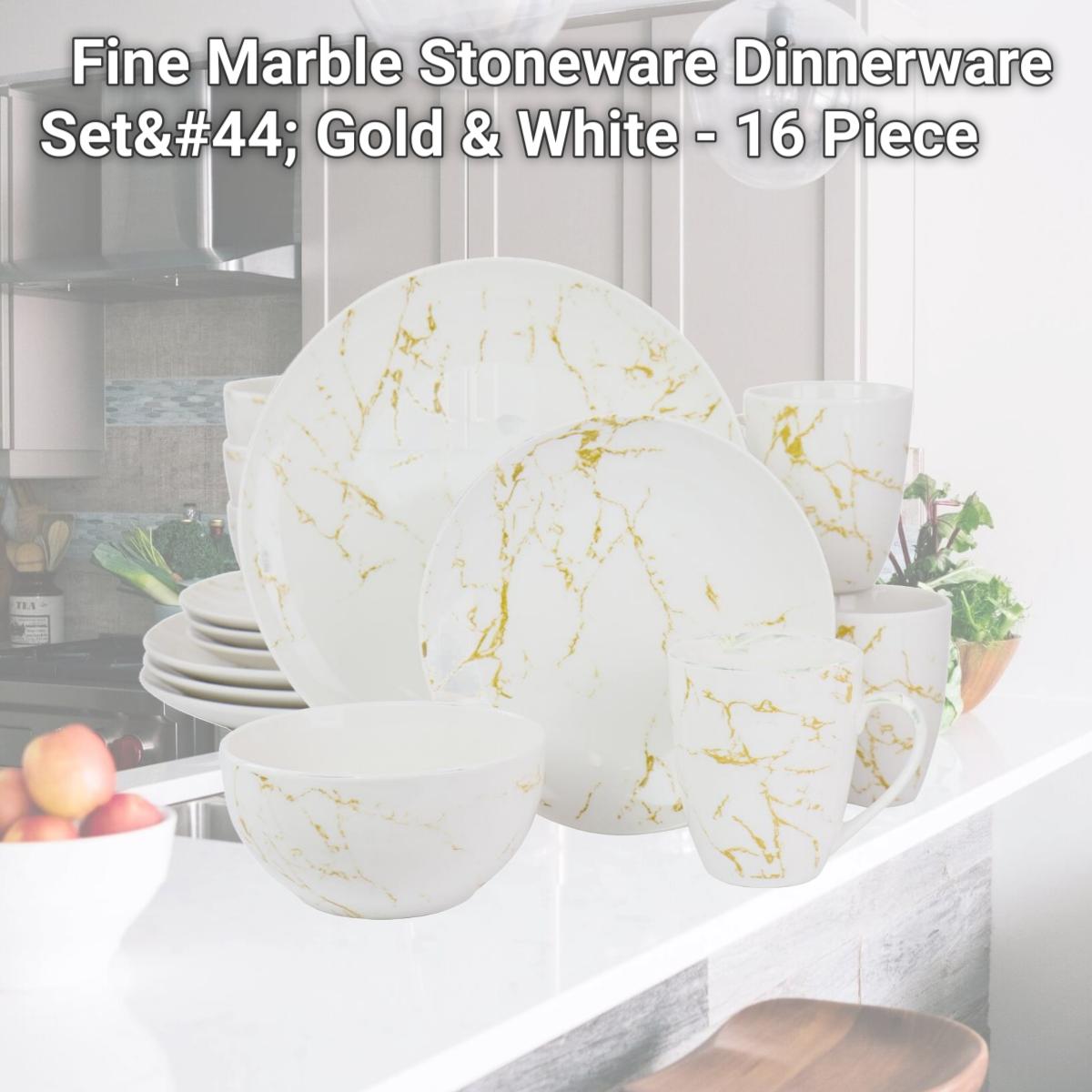 Picture of Elama EL-FINEMARBLE-G Fine Marble Stoneware Dinnerware Set, Gold & White - 16 Piece