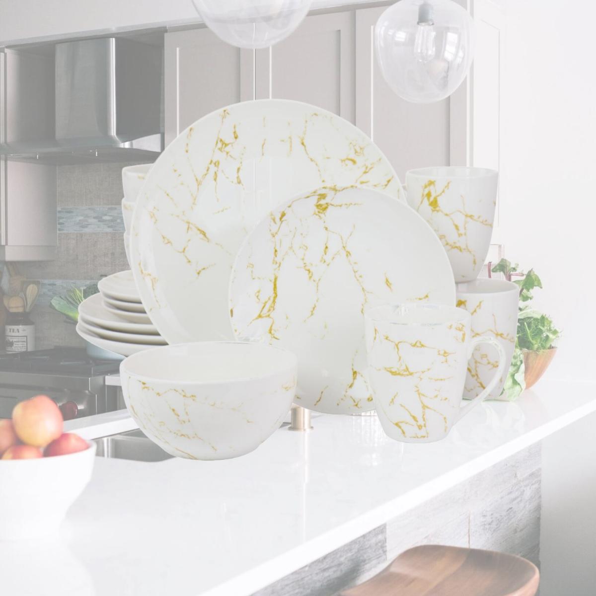 Picture of Elama EL-FINEMARBLE-G Fine Marble Stoneware Dinnerware Set, Gold & White - 16 Piece