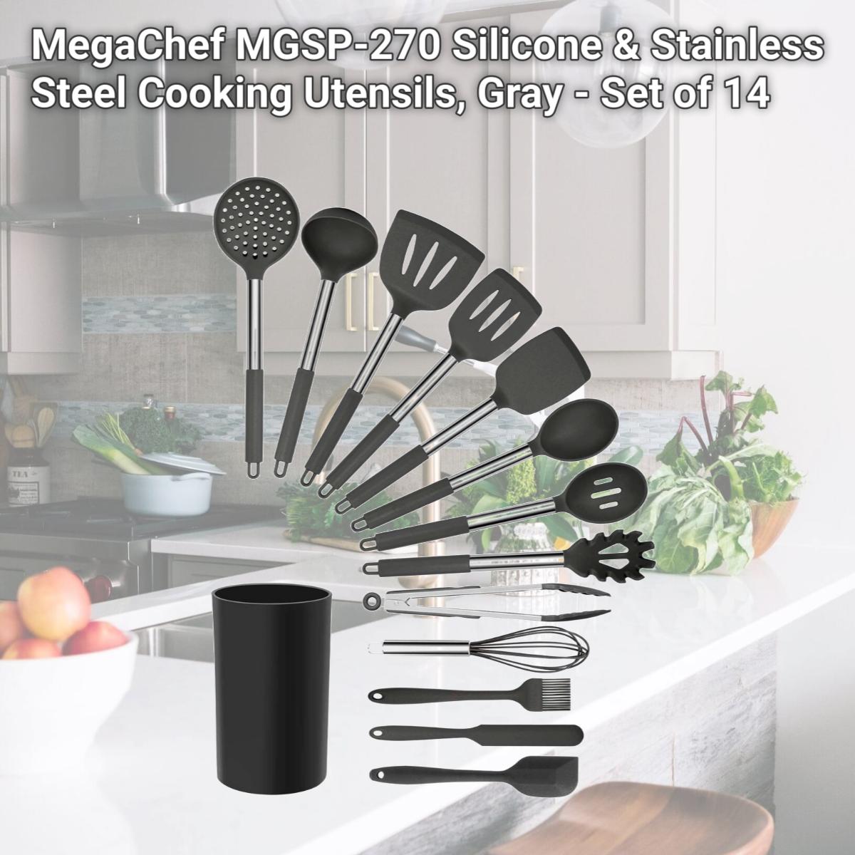 Picture of MegaChef MGSP-270 Silicone & Stainless Steel Cooking Utensils, Gray - Set of 14