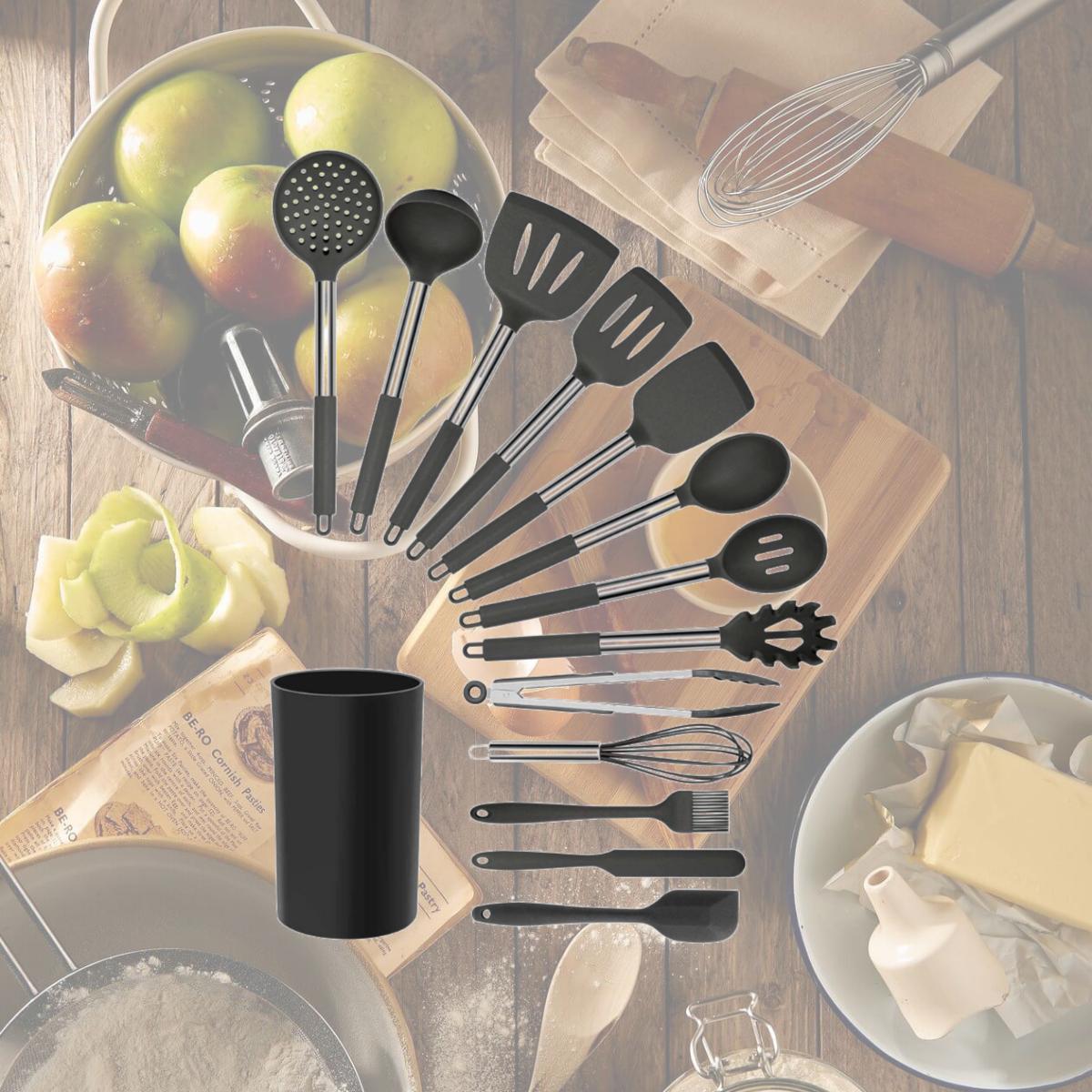 Picture of MegaChef MGSP-270 Silicone & Stainless Steel Cooking Utensils, Gray - Set of 14