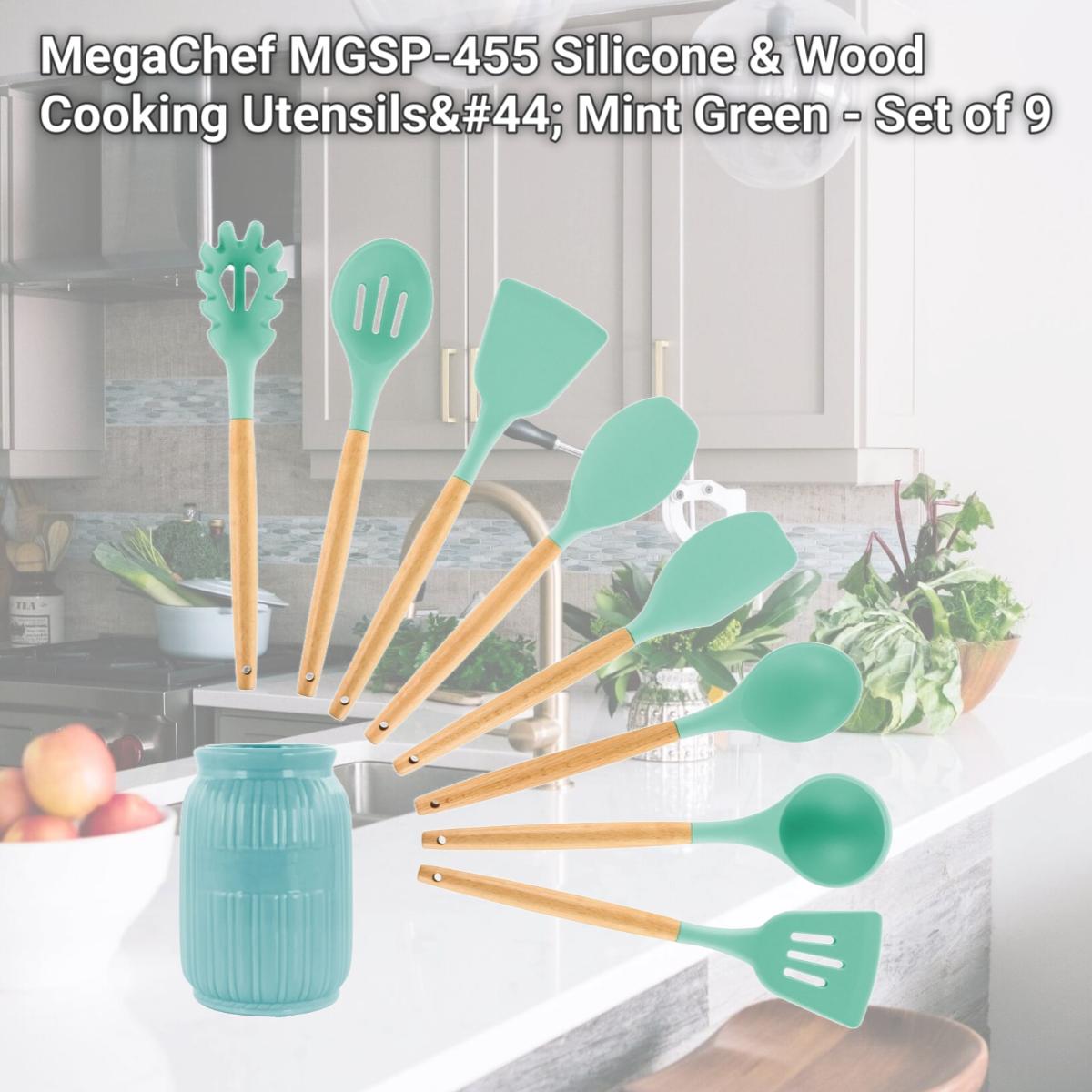 Picture of MegaChef MGSP-455 Silicone & Wood Cooking Utensils, Mint Green - Set of 9