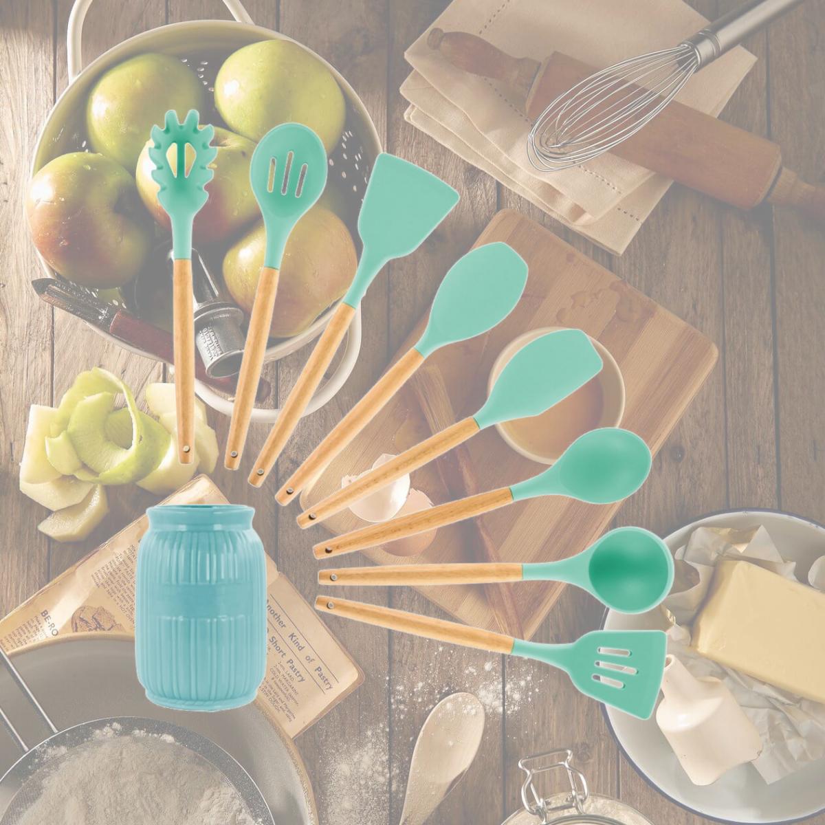 Picture of MegaChef MGSP-455 Silicone & Wood Cooking Utensils, Mint Green - Set of 9