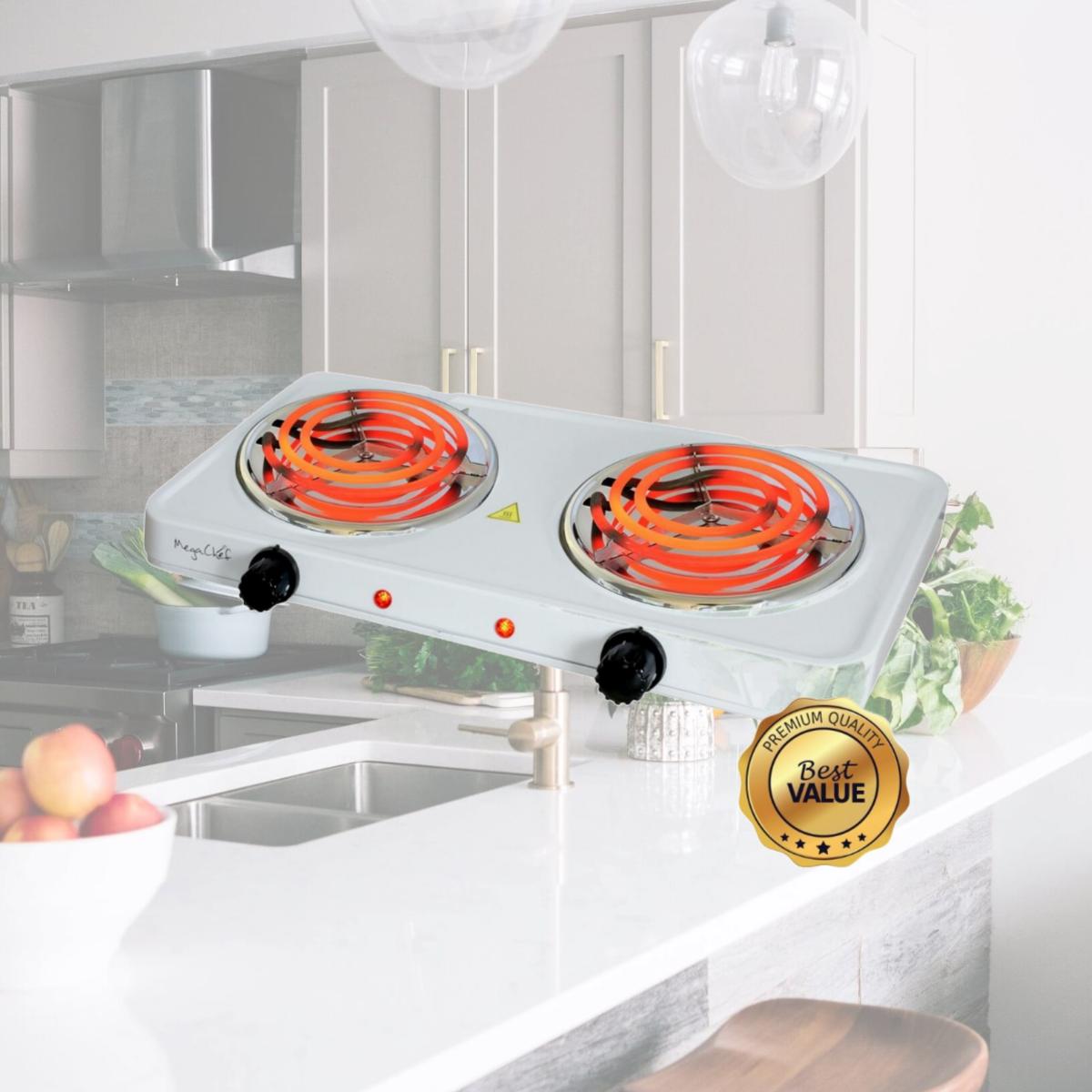 Picture of MegaChef MC-2012A-W Electric Easily Portable Ultra Lightweight Dual Coil Burner Cooktop Buffet Range, White