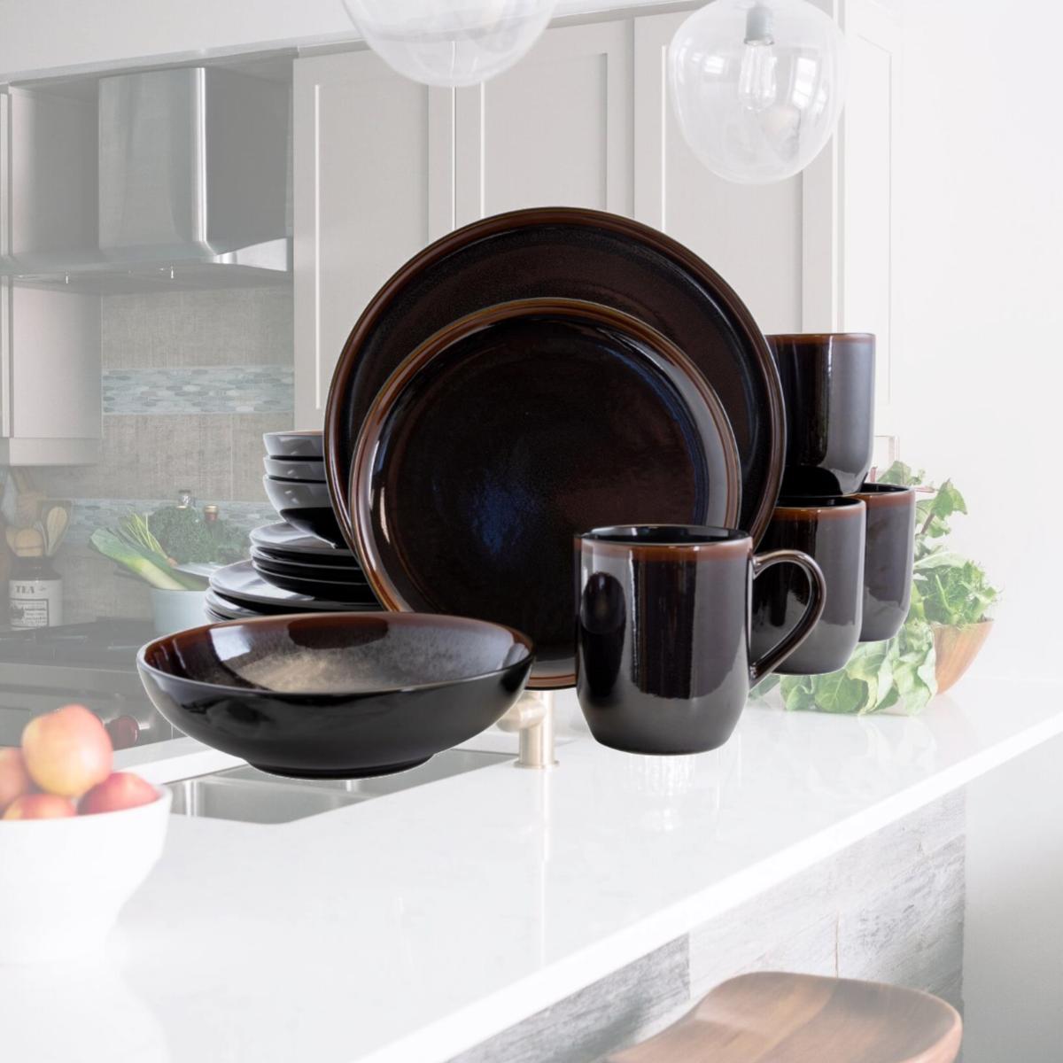 Picture of Elama EL-MIDNIGHTBEACH Midnight Beach Dinnerware Set, Metallic Black - 16 Piece