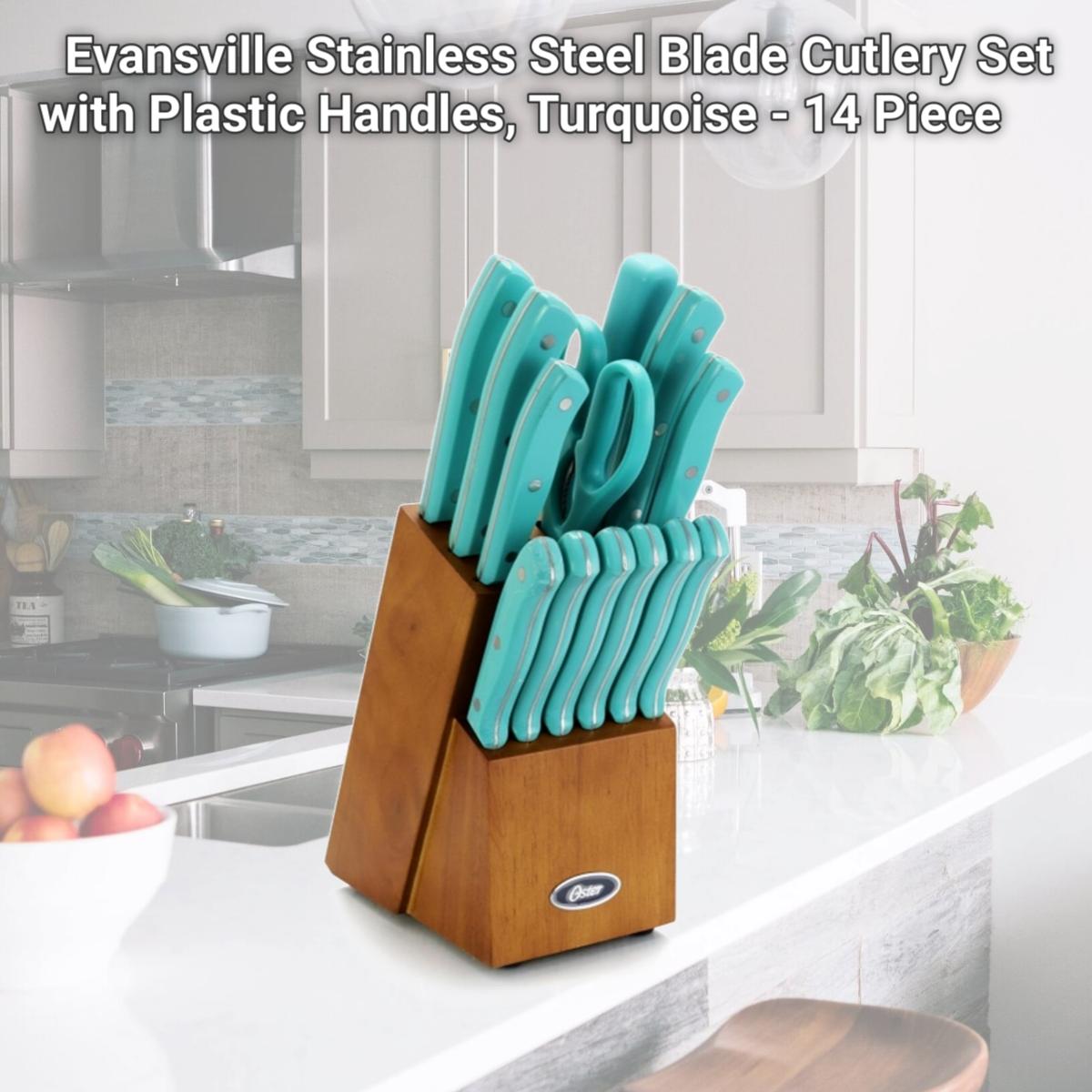 Picture of Oster 81010.14 Evansville Stainless Steel Blade Cutlery Set with Plastic Handles, Turquoise - 14 Piece
