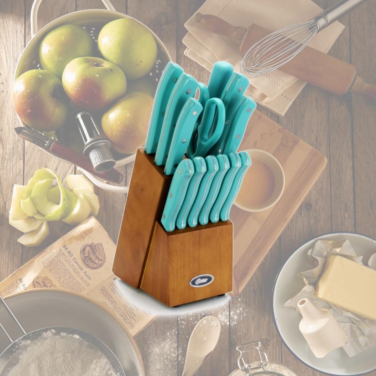 Picture of Oster 81010.14 Evansville Stainless Steel Blade Cutlery Set with Plastic Handles, Turquoise - 14 Piece
