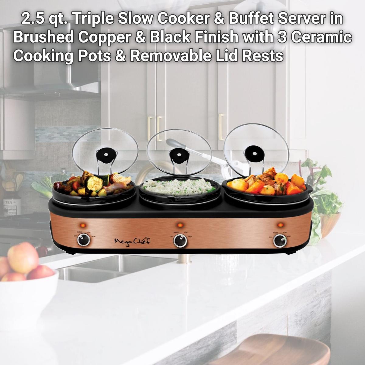 Picture of Megachef MC-1210 2.5 qt. Triple Slow Cooker & Buffet Server in Brushed Copper & Black Finish with 3 Ceramic Cooking Pots & Removable Lid Rests