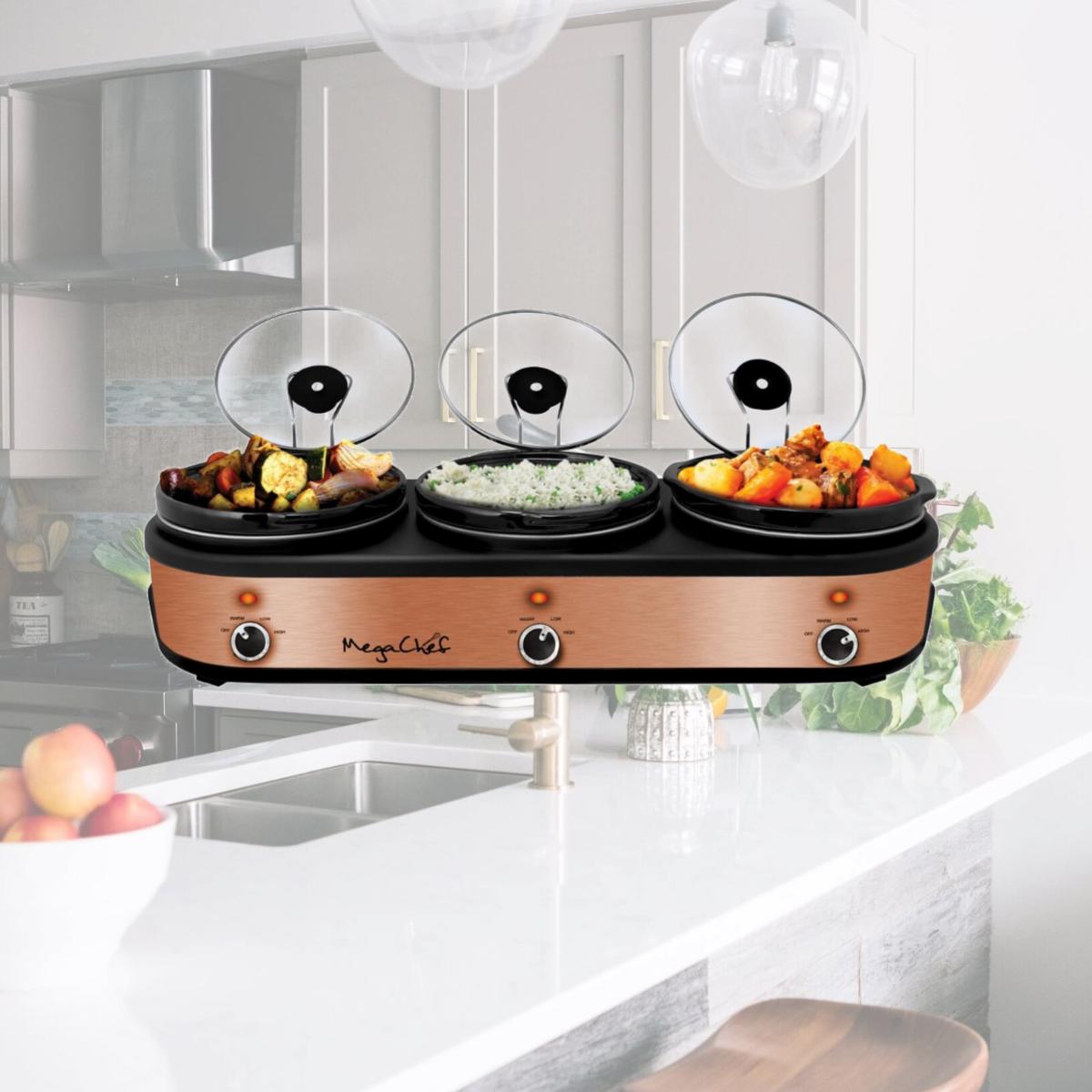 Picture of Megachef MC-1210 2.5 qt. Triple Slow Cooker & Buffet Server in Brushed Copper & Black Finish with 3 Ceramic Cooking Pots & Removable Lid Rests