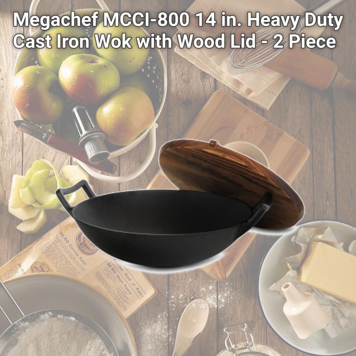 Picture of Megachef MCCI-800 14 in. Heavy Duty Cast Iron Wok with Wood Lid - 2 Piece
