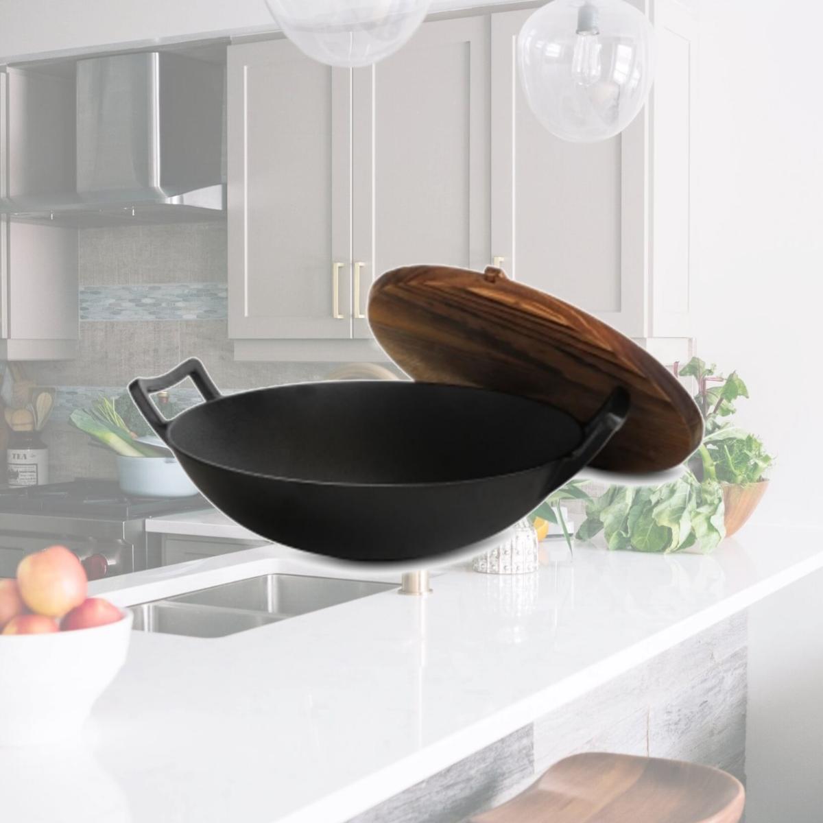 Picture of Megachef MCCI-800 14 in. Heavy Duty Cast Iron Wok with Wood Lid - 2 Piece