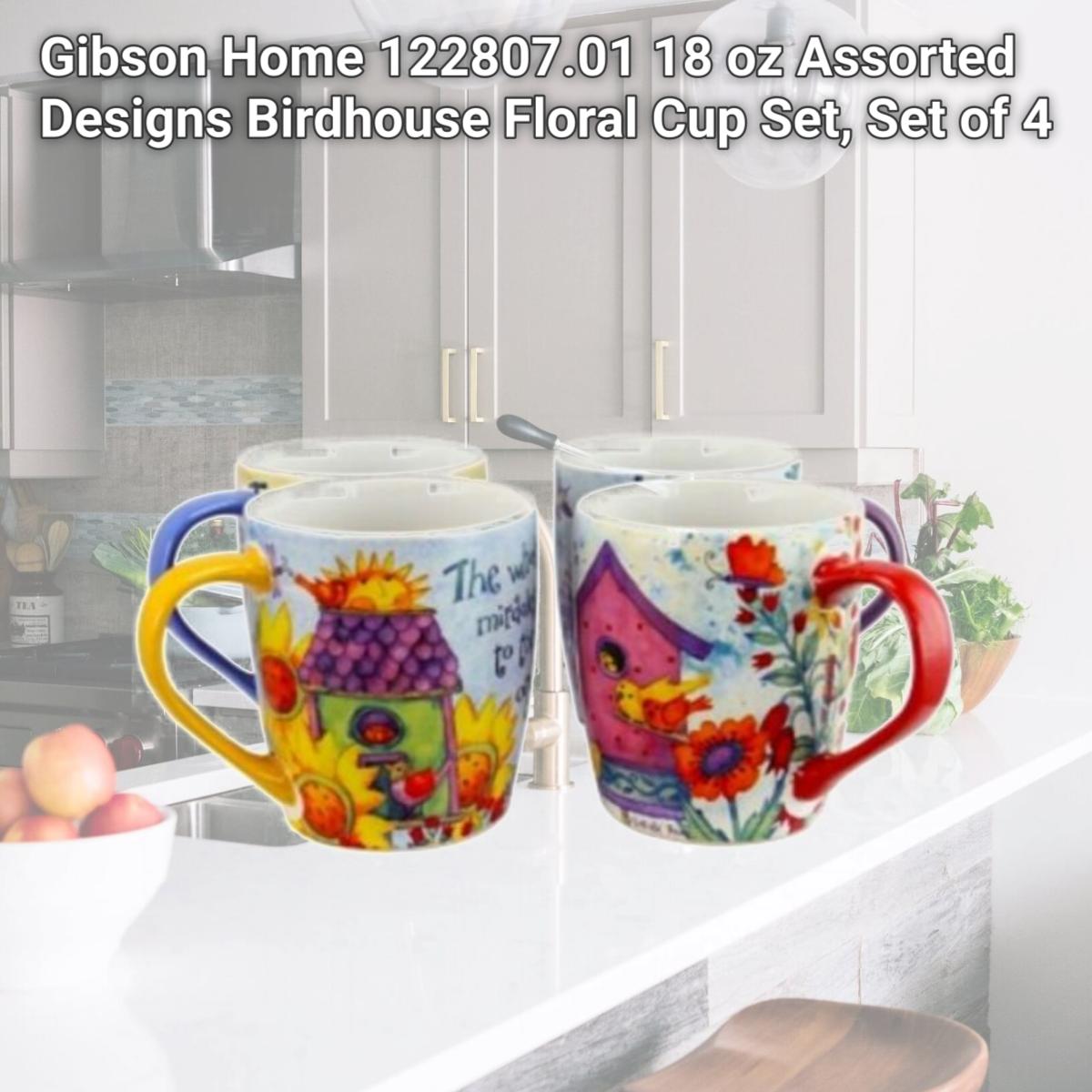 Picture of Gibson Home 122807.01 18 oz Assorted Designs Birdhouse Floral Cup Set, Set of 4