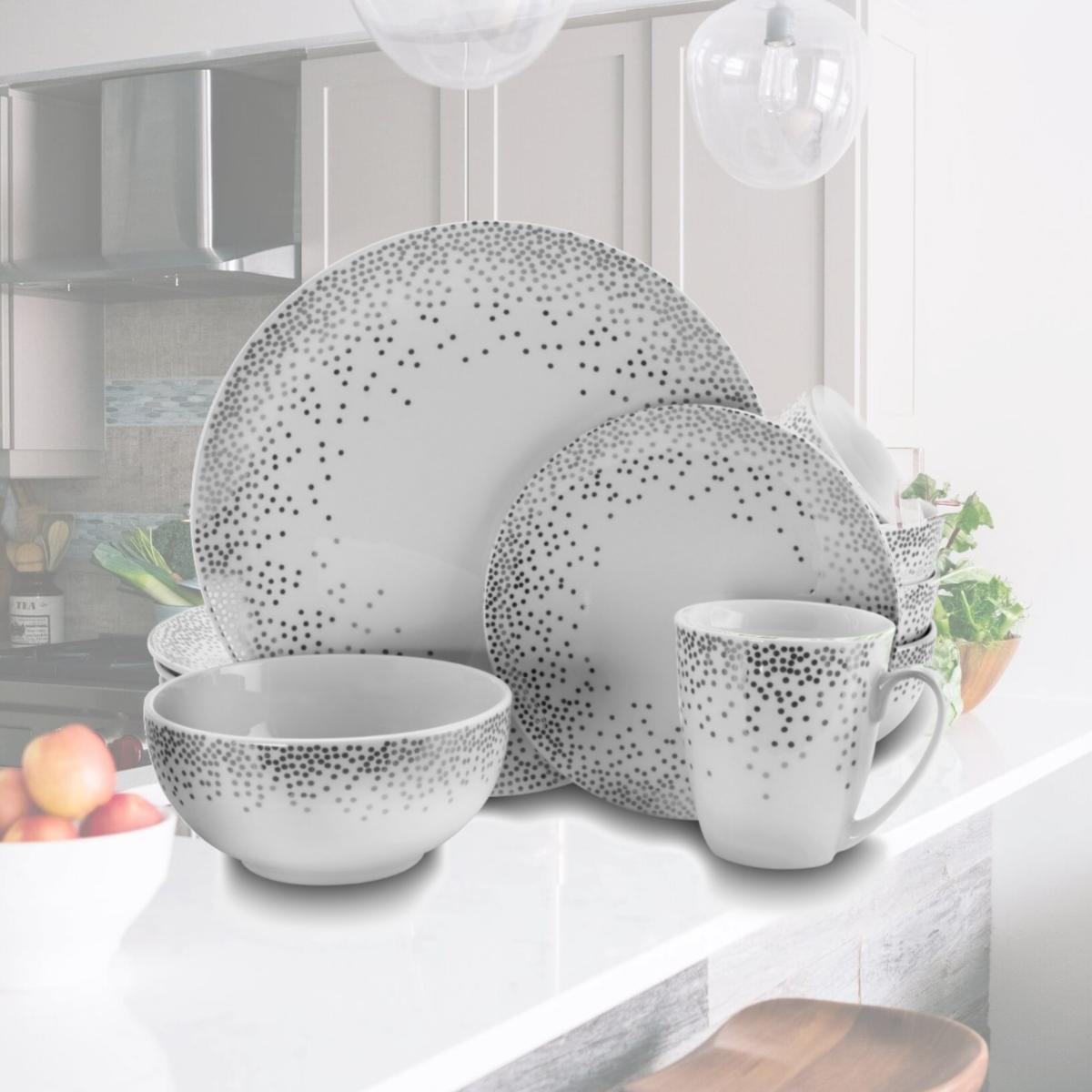 Picture of Gibson 122878.16 Platinum Dots Round Ceramic Dinnerware Set, 16 Piece