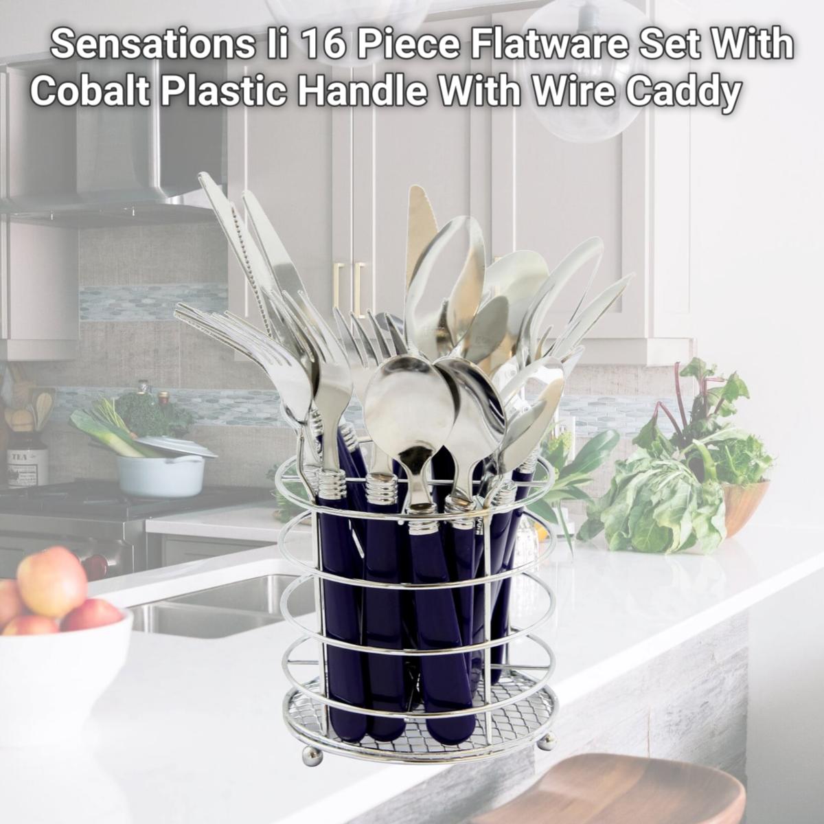 Picture of Gibson 53528.16 Sensations Ii 16 Piece Flatware Set With Cobalt Plastic Handle With Wire Caddy