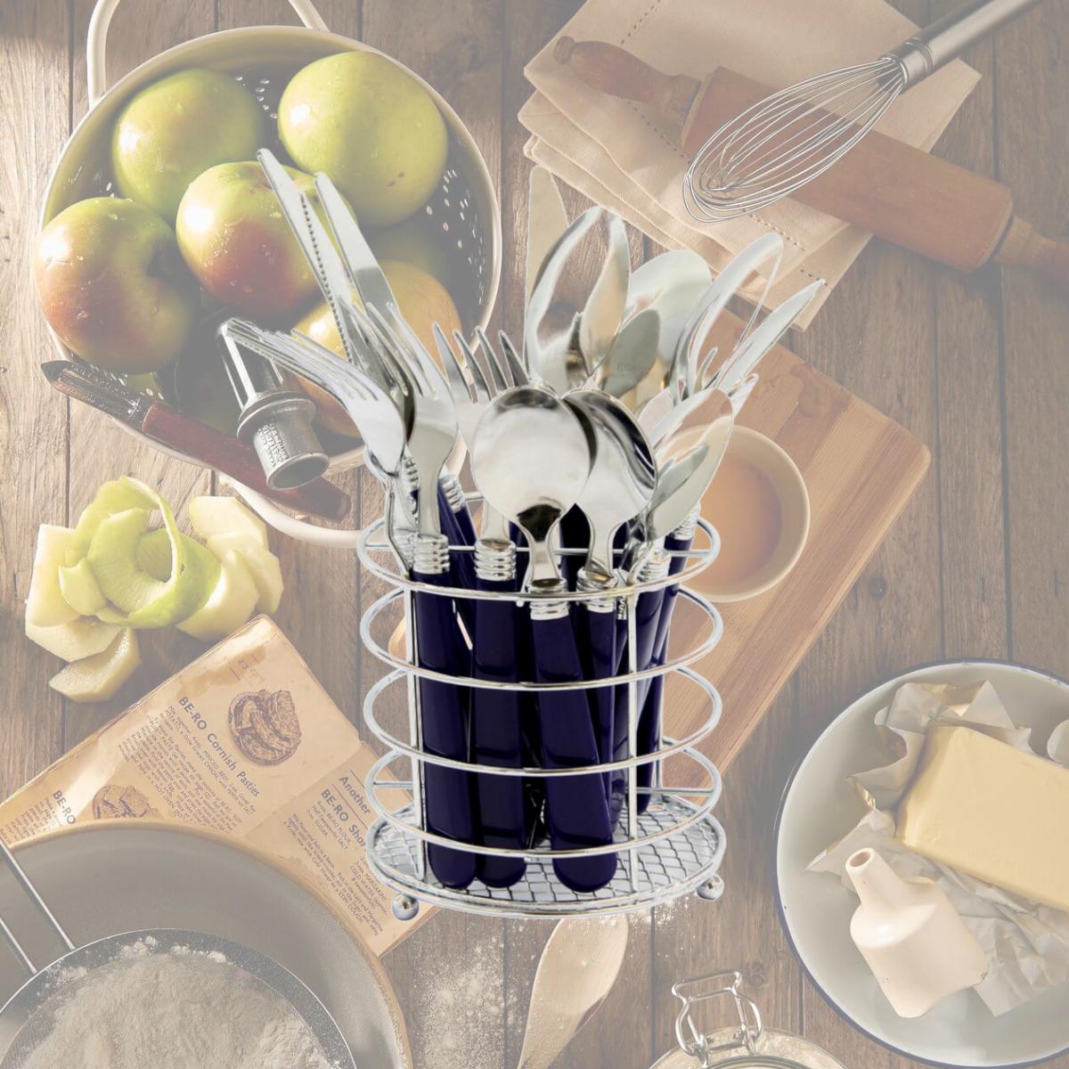 Picture of Gibson 53528.16 Sensations Ii 16 Piece Flatware Set With Cobalt Plastic Handle With Wire Caddy