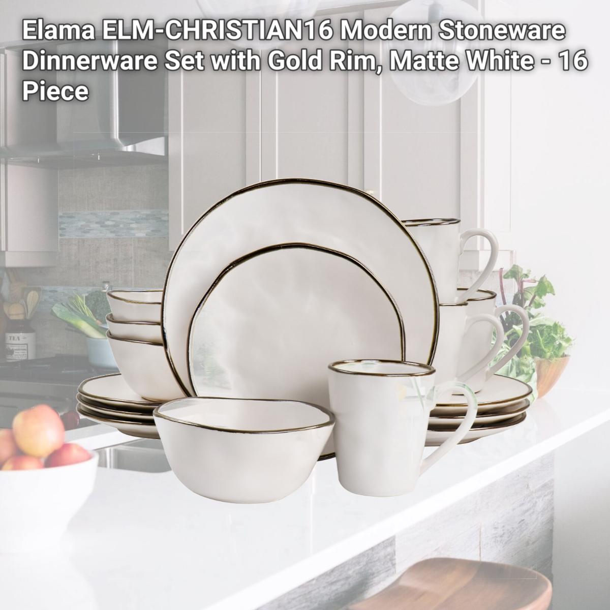 Picture of Elama ELM-CHRISTIAN16 Modern Stoneware Dinnerware Set with Gold Rim, Matte White - 16 Piece