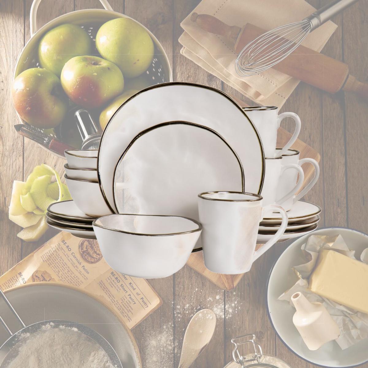 Picture of Elama ELM-CHRISTIAN16 Modern Stoneware Dinnerware Set with Gold Rim, Matte White - 16 Piece