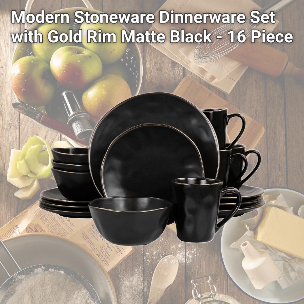 Picture of Elama ELM-GEORGE16 Modern Stoneware Dinnerware Set with Gold Rim, Matte Black - 16 Piece