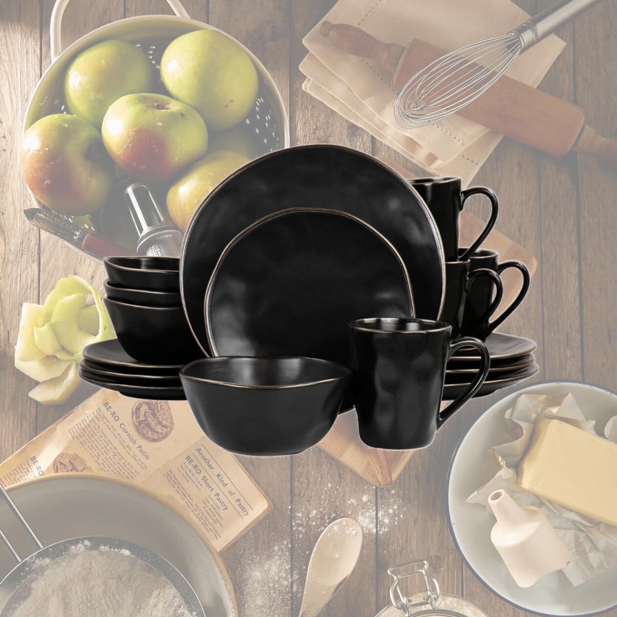 Picture of Elama ELM-GEORGE16 Modern Stoneware Dinnerware Set with Gold Rim, Matte Black - 16 Piece