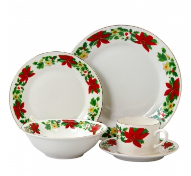 90587.20r Poinsettia Holiday 20-piece Dinnerware Set , Decorated Rim