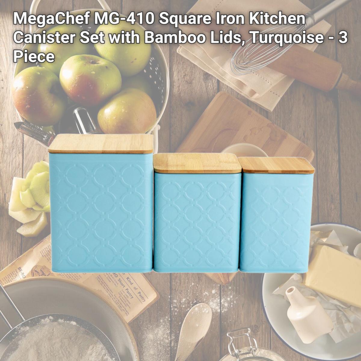 Picture of MegaChef MG-410 Square Iron Kitchen Canister Set with Bamboo Lids, Turquoise - 3 Piece