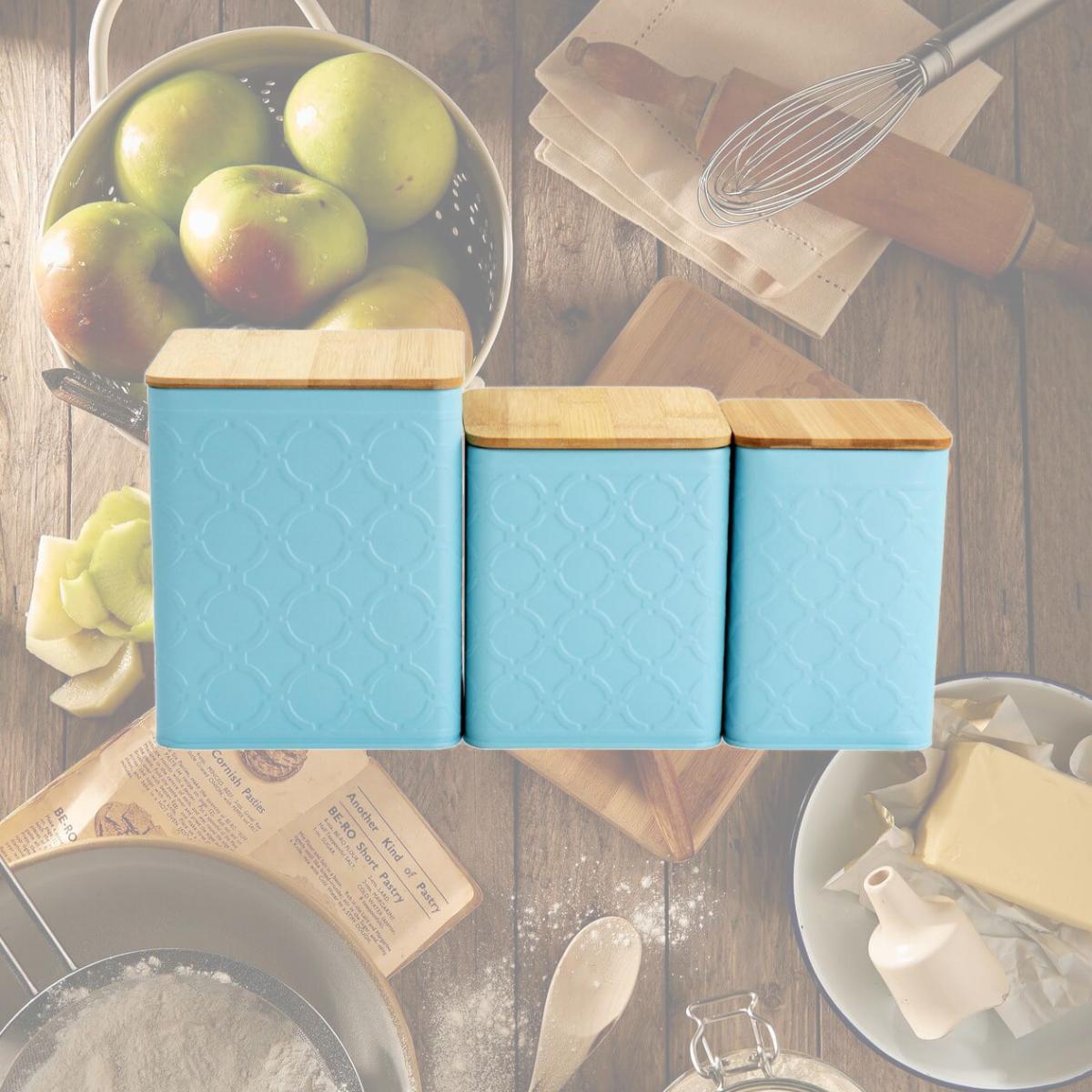 Picture of MegaChef MG-410 Square Iron Kitchen Canister Set with Bamboo Lids, Turquoise - 3 Piece