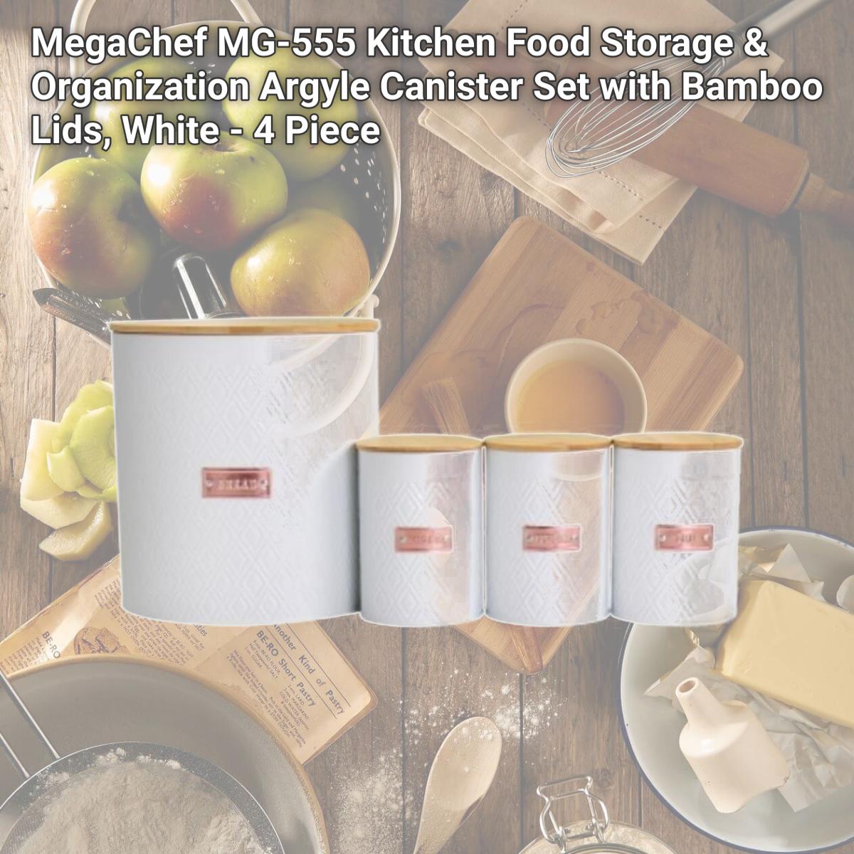 Picture of MegaChef MG-555 Kitchen Food Storage & Organization Argyle Canister Set with Bamboo Lids, White - 4 Piece