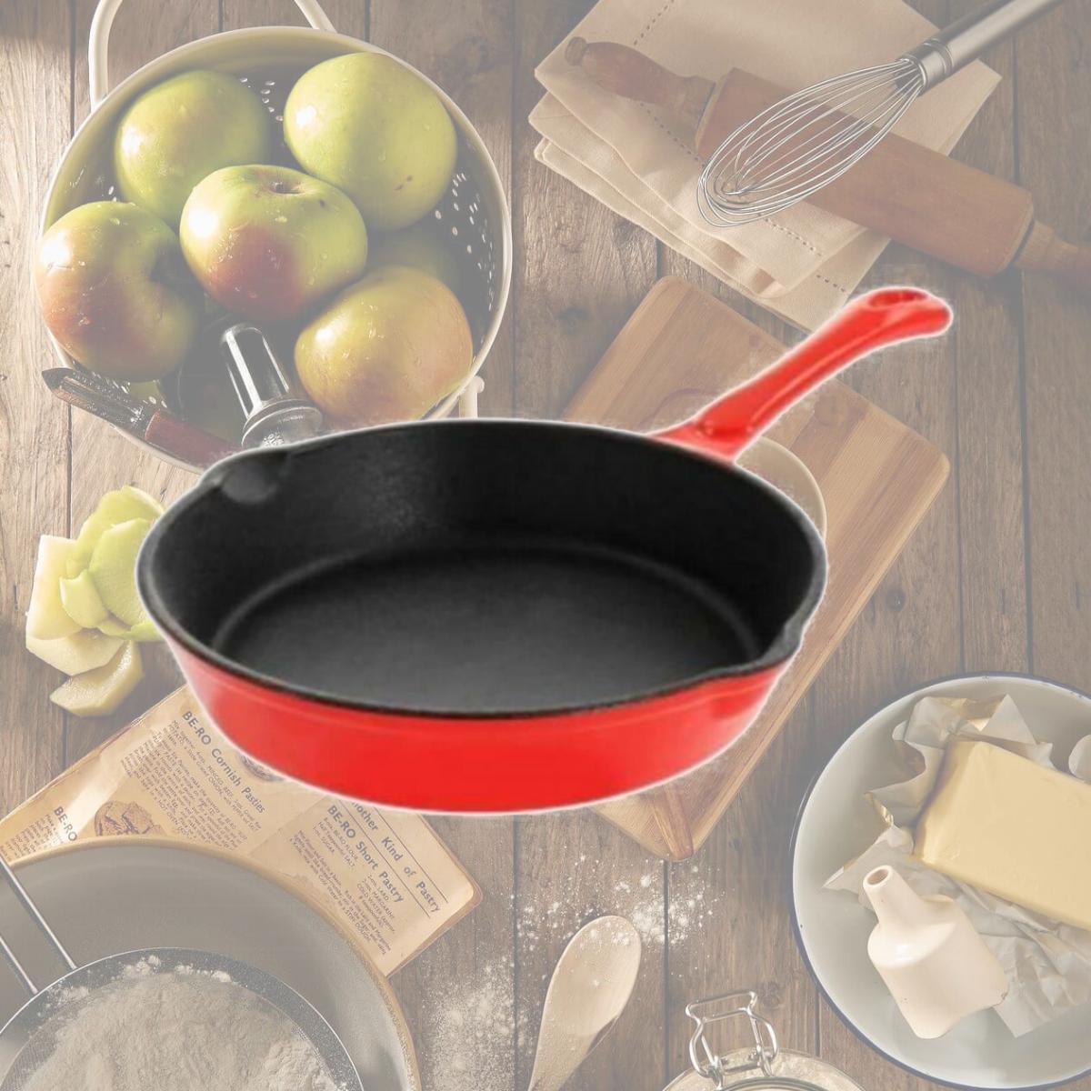 Picture of MegaChef MCCE-8RED 8 in. Enameled Round PreSeasoned Cast Iron Frying Pan, Red