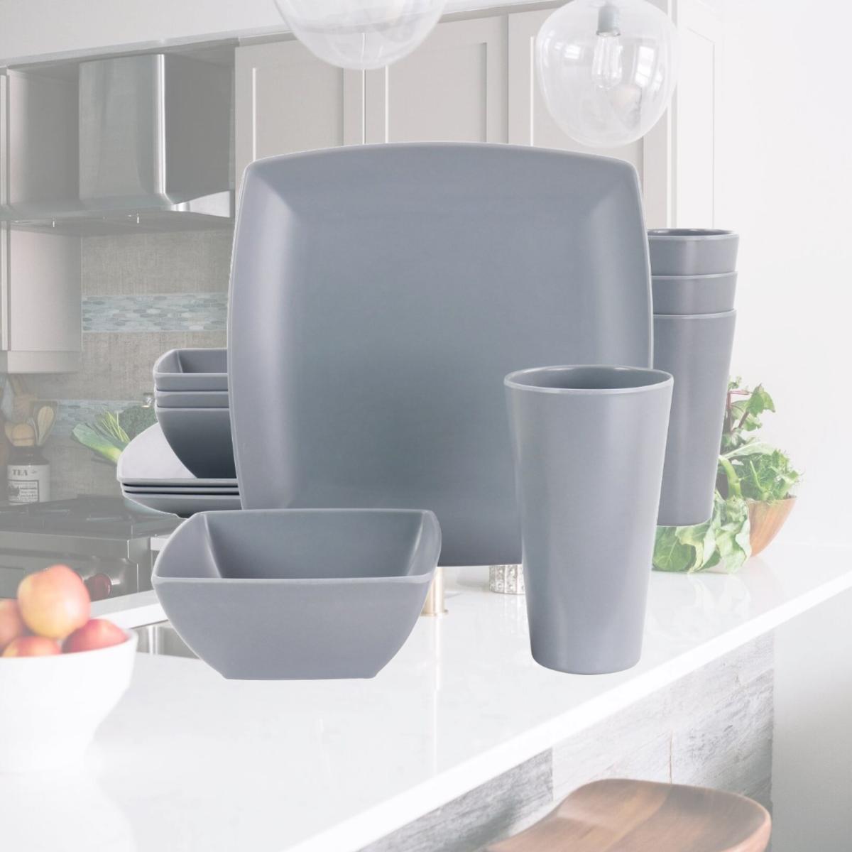 Picture of Gibson Home 97563.12 Grayson Melamine Square Dinnerware Set, Gray - 12 Piece