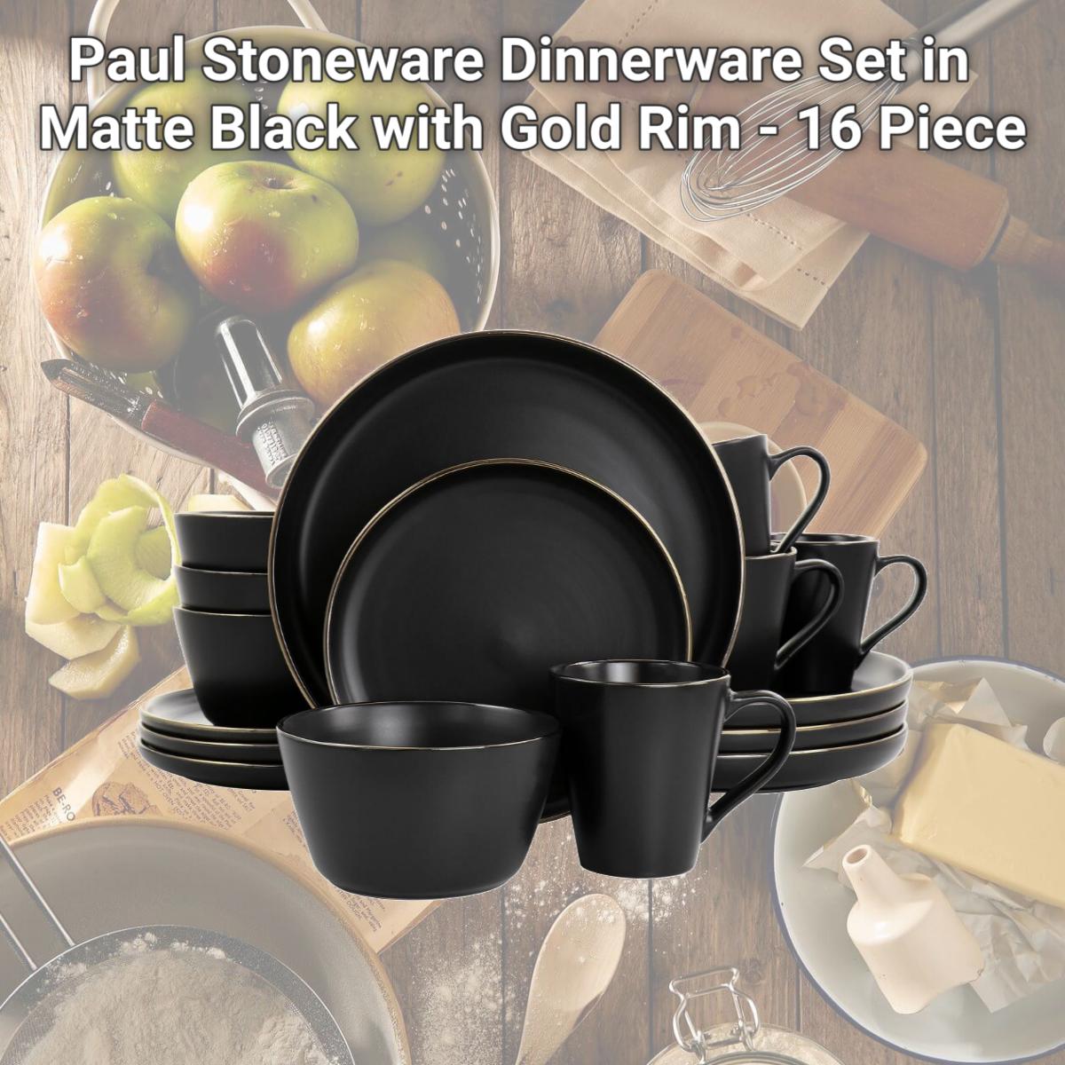 Picture of Elama ELM-PAUL16 Paul Stoneware Dinnerware Set in Matte Black with Gold Rim - 16 Piece