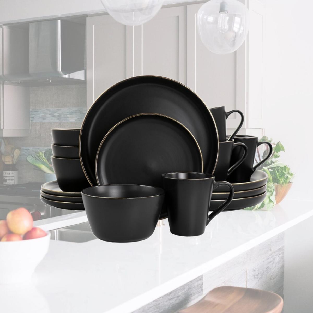 Picture of Elama ELM-PAUL16 Paul Stoneware Dinnerware Set in Matte Black with Gold Rim - 16 Piece