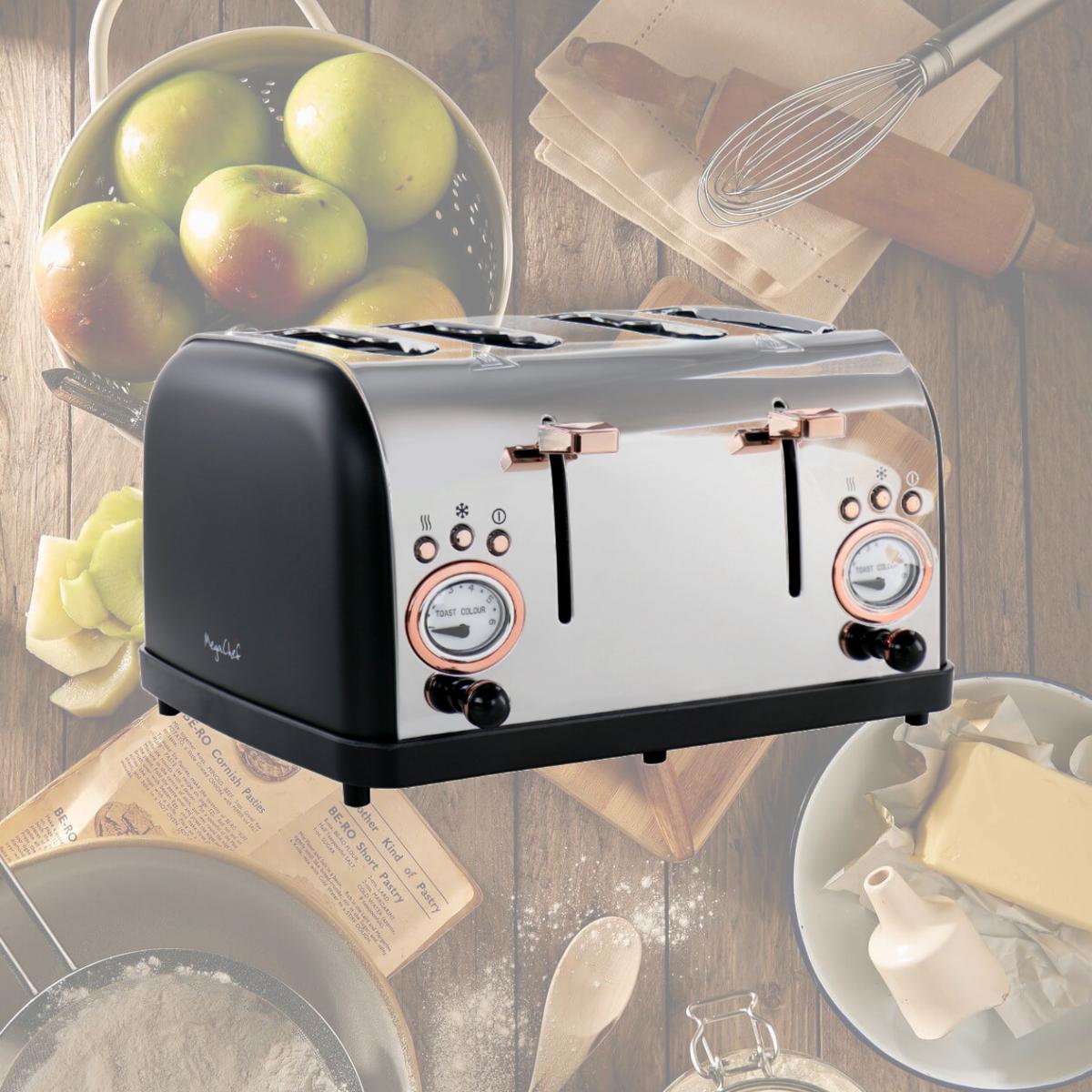 Picture of MegaChef MG-TS-3500B 4 Slice Wide Slot Toaster with Variable Browning in Black & Rose Gold