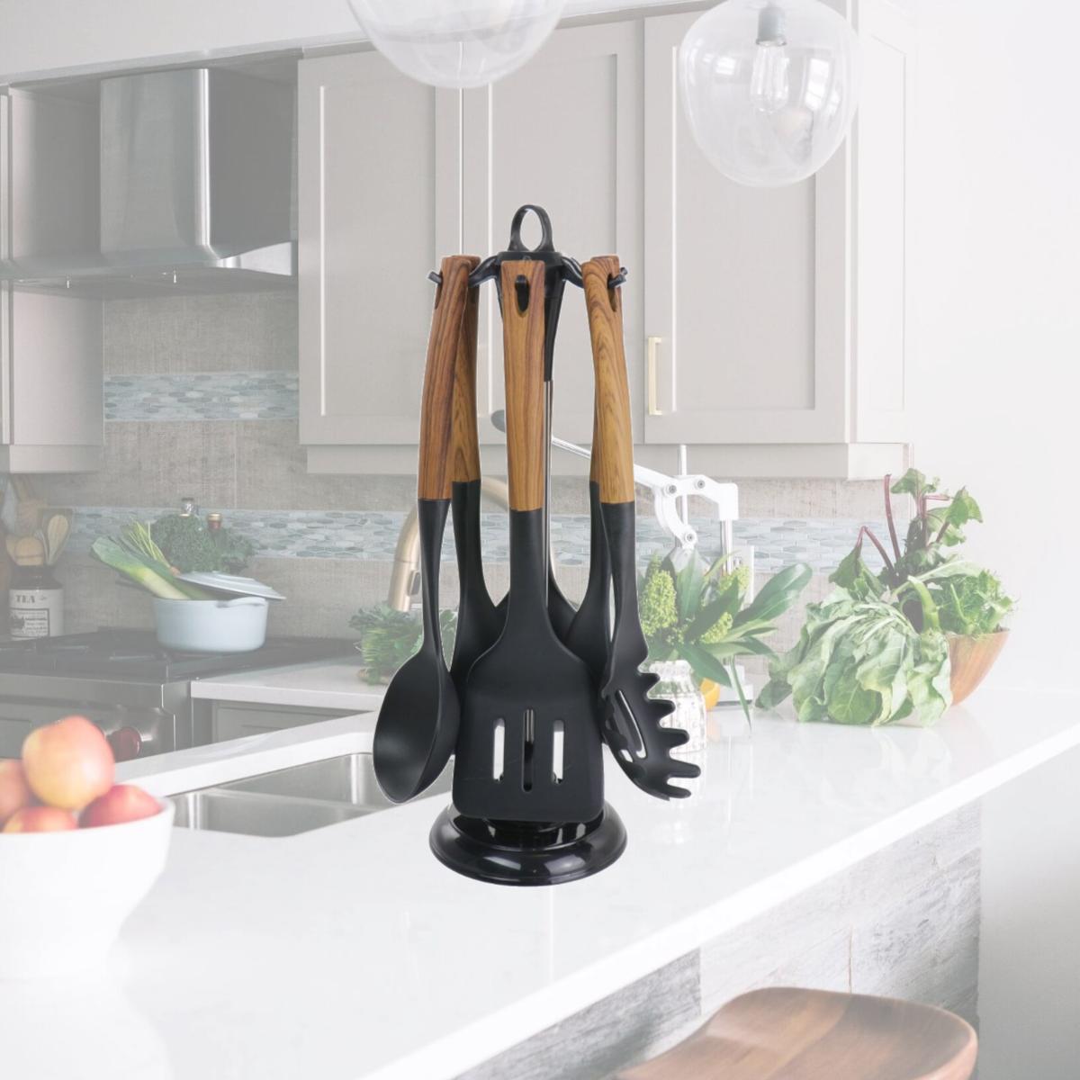 Picture of MegaChef MGNP-711 Black Nylon Cooking Utensils with Wood Design - Set of 7