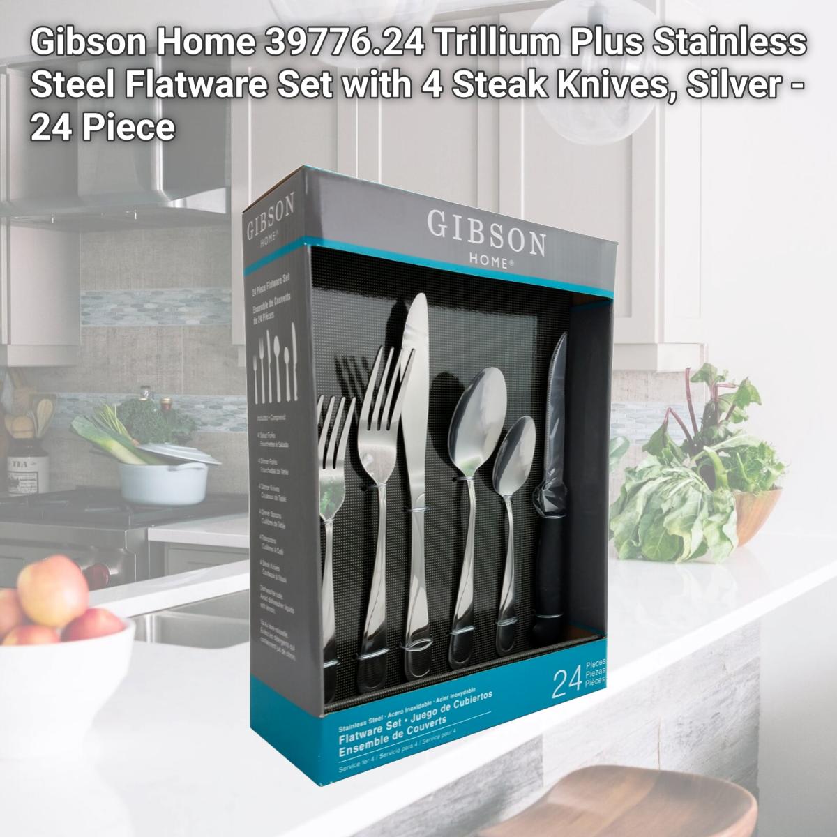 Picture of Gibson Home 39776.24 Trillium Plus Stainless Steel Flatware Set with 4 Steak Knives, Silver - 24 Piece